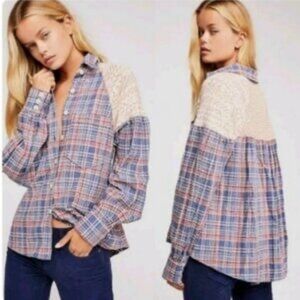 Free People Cloudy Nights Fireside Night Oversized Knit Flannel Sz M